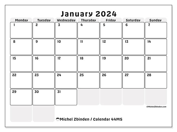 Calendar January 2024, 44SS. Free printable schedule.