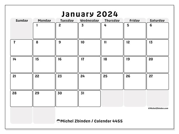 Calendar January 2024, 44SS. Free printable schedule.