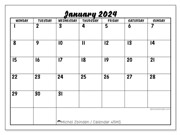 Calendar January 2024, 45SS. Free printable program.