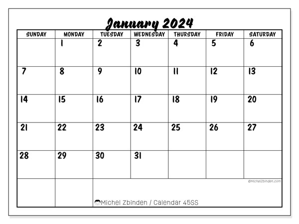 Calendar January 2024 “45”. Free printable calendar.. Sunday to Saturday