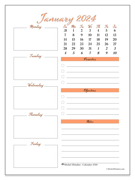 Printable calendar, January 2024, 47SS