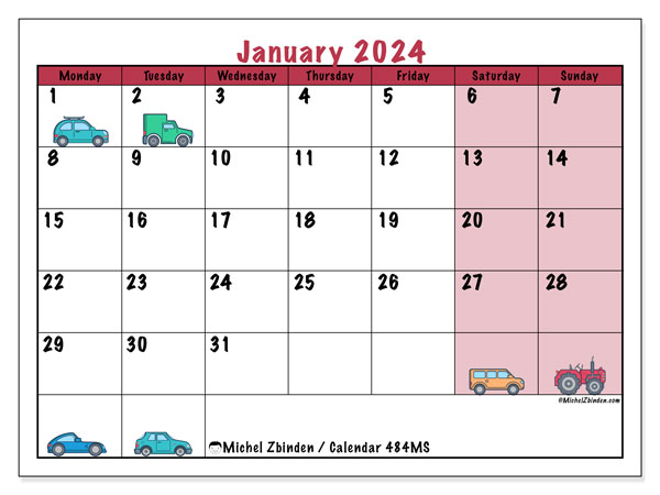 Calendar January 2024 “484”. Free printable calendar.. Monday to Sunday