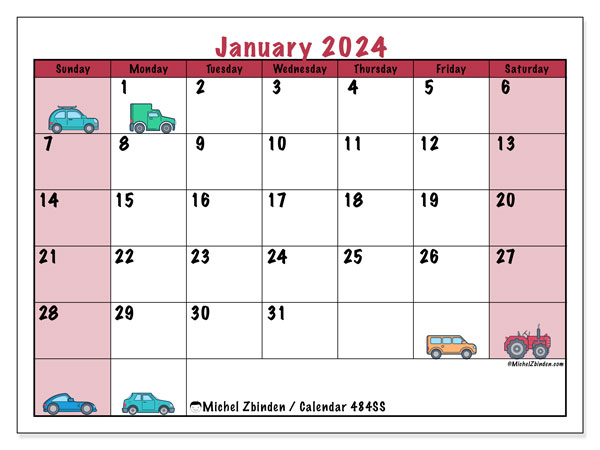 Calendar January 2024 “484”. Free printable calendar.. Sunday to Saturday