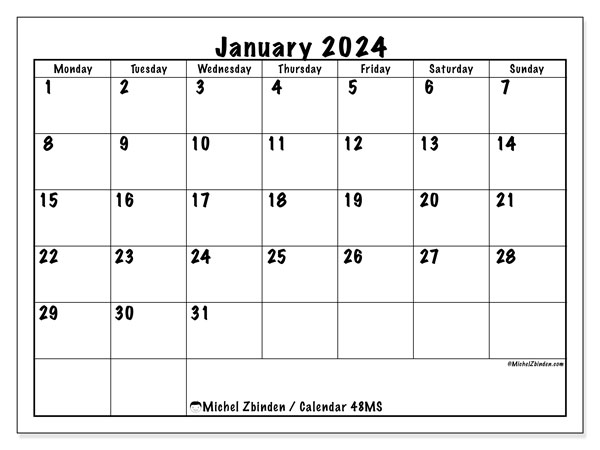 Calendar January 2024, 48SS. Free printable schedule.