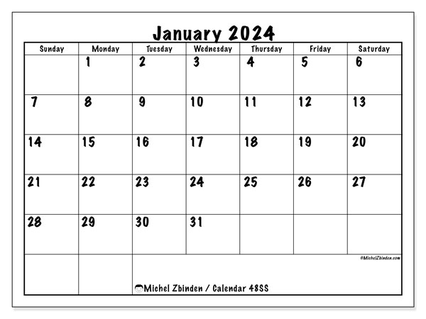 Calendar January 2024, 48SS. Free printable program.