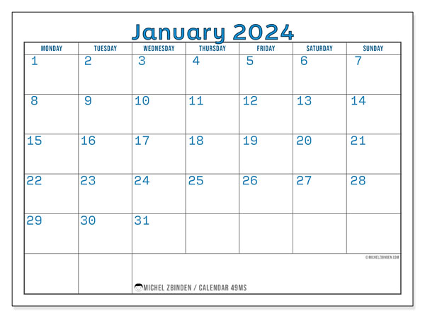 Calendar January 2024 “49”. Free printable plan.. Monday to Sunday