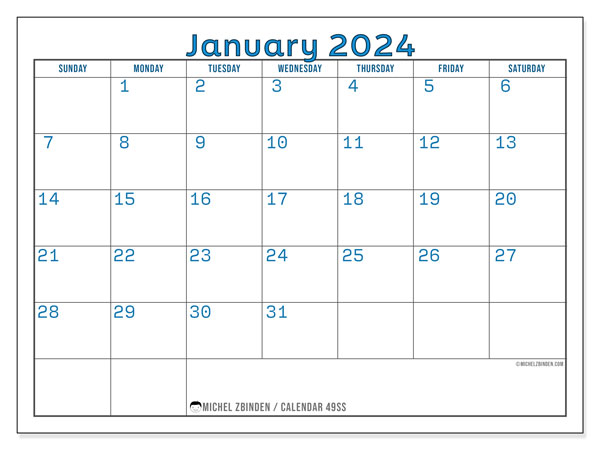 Calendar January 2024 “49”. Free printable plan.. Sunday to Saturday