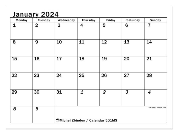 Printable calendar, January 2024, 501MS