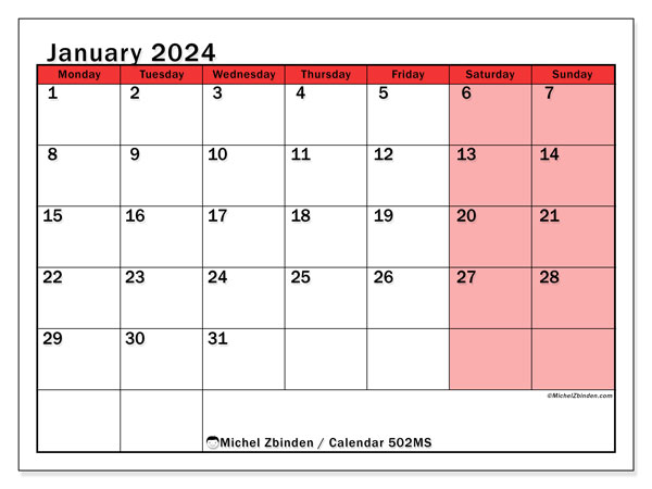 Calendar January 2024, 502SS. Free printable schedule.