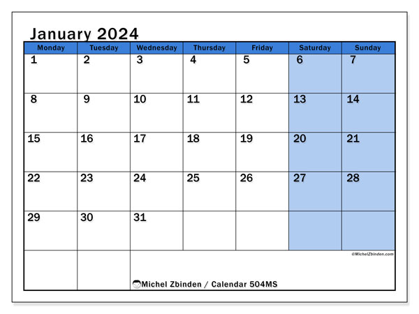 Printable calendar, January 2024, 504MS