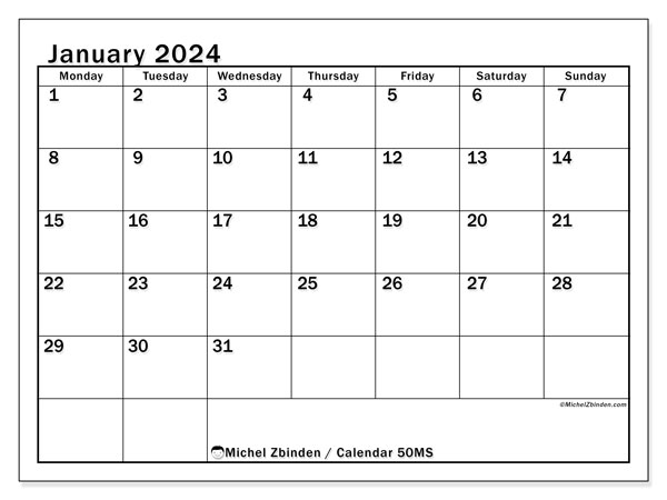 Calendar January 2024, 50MS. Free printable schedule.