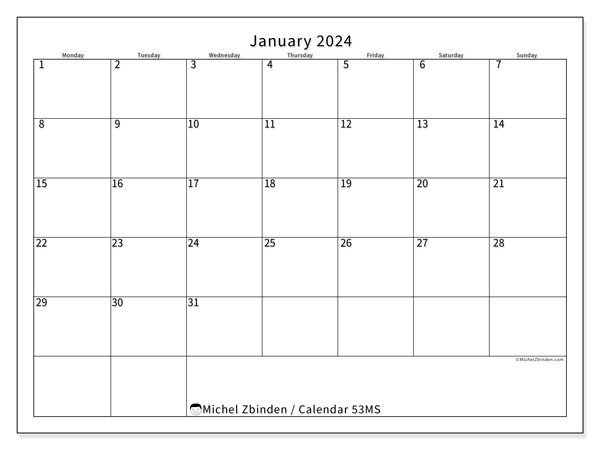 Calendar January 2024, 53SS. Free printable schedule.
