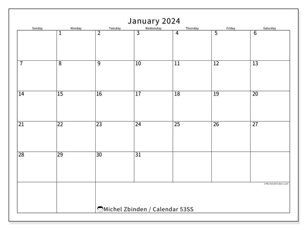 Calendar January 2024 “53”. Free printable program.. Sunday to Saturday