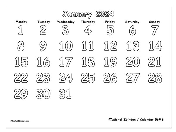 Calendar January 2024, 56SS. Free printable plan.