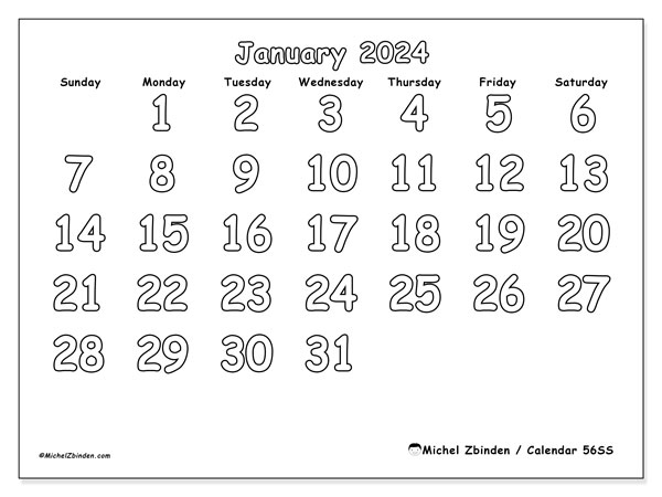 Printable calendar, January 2024, 56SS