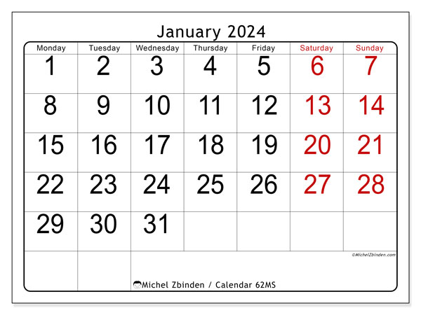 Calendar January 2024, 62SS. Free printable schedule.