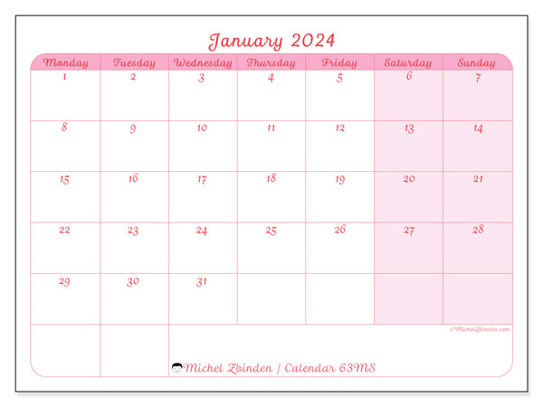 Calendar January 2024, 63SS. Free printable schedule.