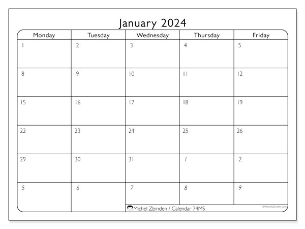 Calendar January 2024, 74SS. Free printable plan.