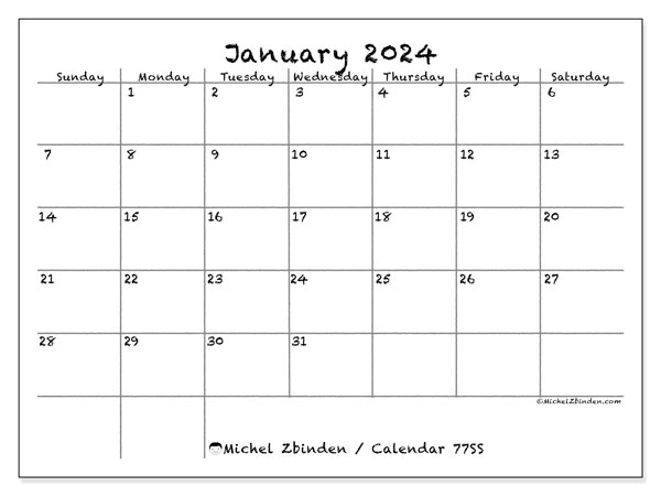 Calendar January 2024, 77SS. Free printable schedule.