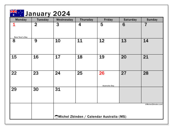 Kalender Januar 2024 “Australien”. Programm zum Ausdrucken kostenlos.. Montag bis Sonntag