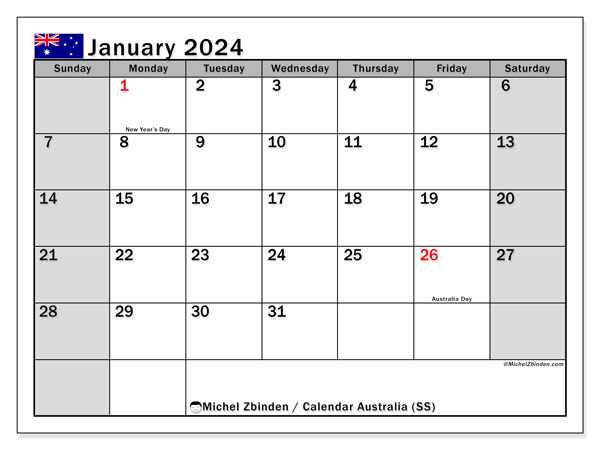 Kalender Januar 2024 “Australien”. Programm zum Ausdrucken kostenlos.. Sonntag bis Samstag