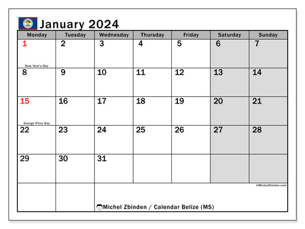Calendar January 2024, Belize (EN). Free printable schedule.