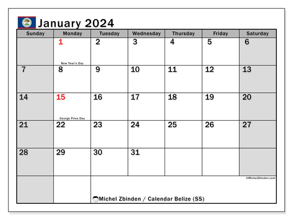 Kalender Januar 2024 “Belize”. Plan zum Ausdrucken kostenlos.. Sonntag bis Samstag
