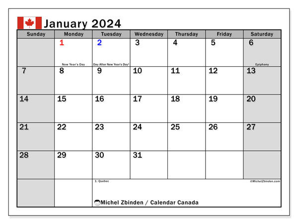 Kalender januari 2024, Canada (EN). Gratis printbaar schema.