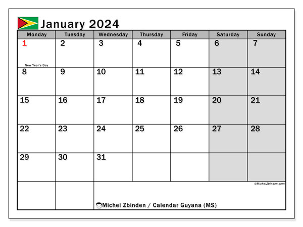Calendario gennaio 2024, Guyana (EN). Piano da stampare gratuito.