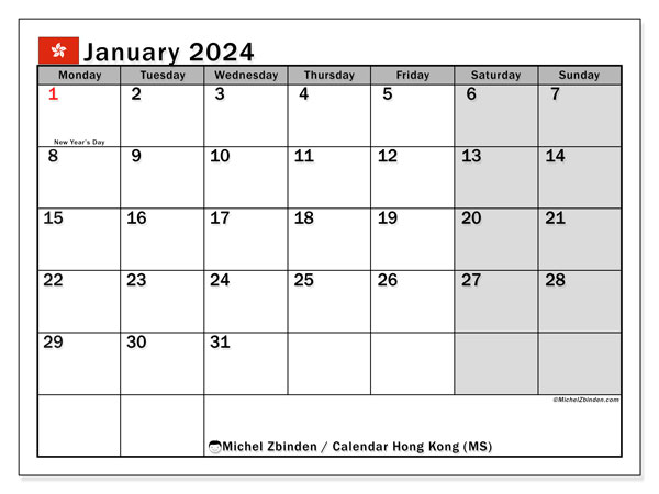 Kalender Januar 2024, Hongkong (EN). Plan zum Ausdrucken kostenlos.