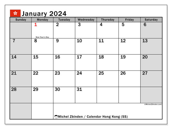 Kalender Januar 2024 “Hongkong”. Programm zum Ausdrucken kostenlos.. Sonntag bis Samstag