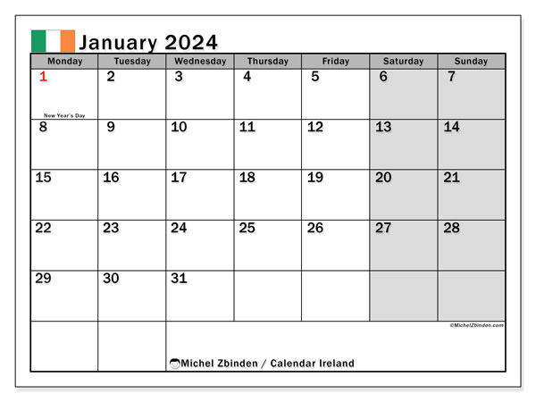 Calendário Janeiro 2024, Irlanda (EN). Horário gratuito para impressão.