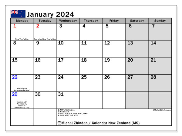 Calendario gennaio 2024, Nuova Zelanda (EN). Piano da stampare gratuito.