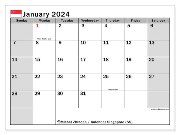 Calendário Janeiro 2024, Singapura (EN). Horário gratuito para impressão.