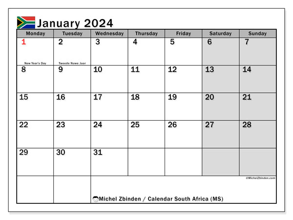 Kalender Januar 2024 “Südafrika”. Kalender zum Ausdrucken kostenlos.. Montag bis Sonntag