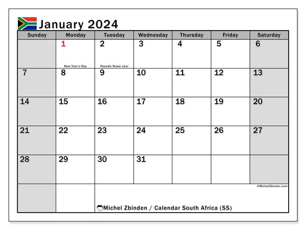 Kalenteri tammikuu 2024, Etelä-Afrikka (EN). Ilmainen tulostettava lehti.