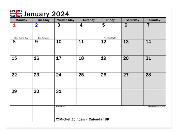 Kalender Januar 2024 “Vereinigtes Königreich”. Kalender zum Ausdrucken kostenlos.. Montag bis Sonntag