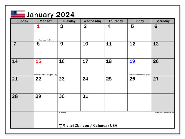 Kalender Januar 2024 “Vereinigte Staaten (EN)”. Plan zum Ausdrucken kostenlos.. Sonntag bis Samstag