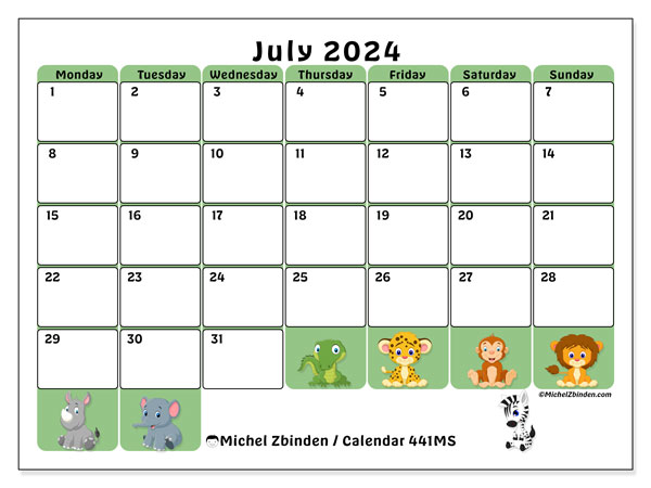 Printable calendar, July 2024, 441MS