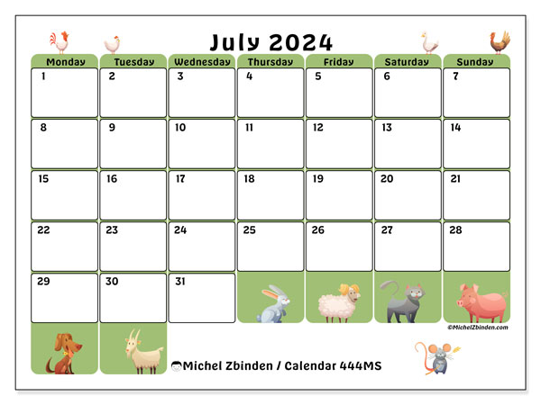 Calendar July 2024 “444”. Free printable schedule.. Monday to Sunday