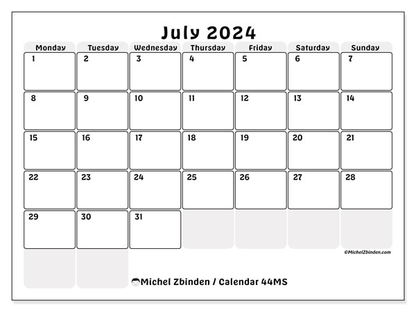 Calendar July 2024, 44SS. Free printable schedule.