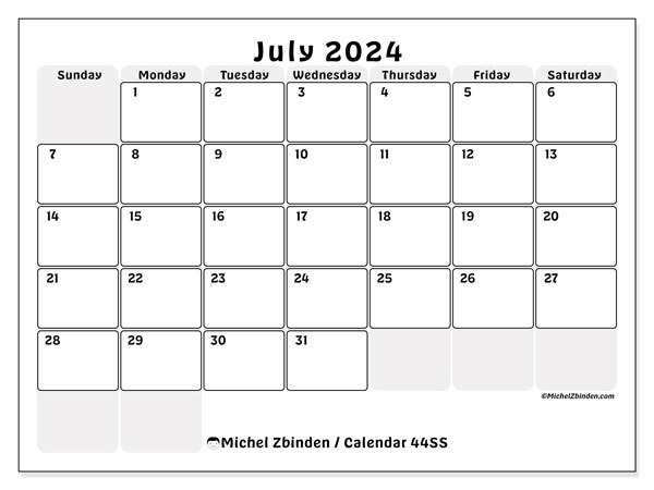 Calendar July 2024, 44SS. Free printable plan.