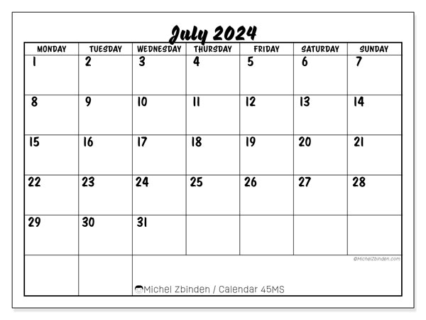 Calendar July 2024, 45SS. Free printable calendar.