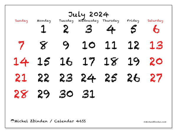Printable calendar, July 2024, 46SS