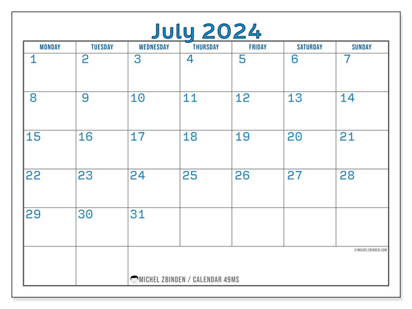 Printable calendar, July 2024, 49MS