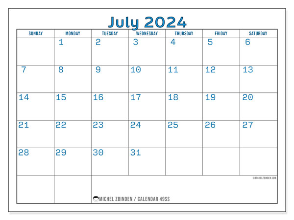 Calendar July 2024, 49SS. Free printable plan.