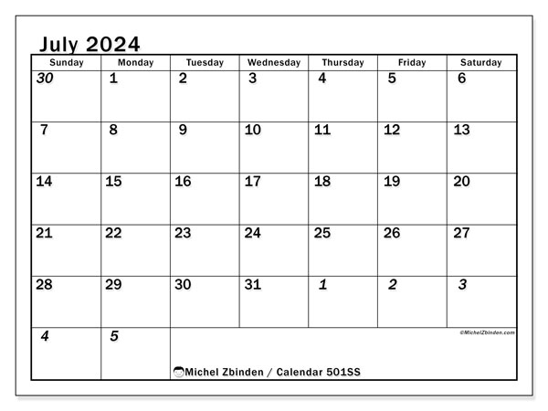 Printable calendar, July 2024, 501SS