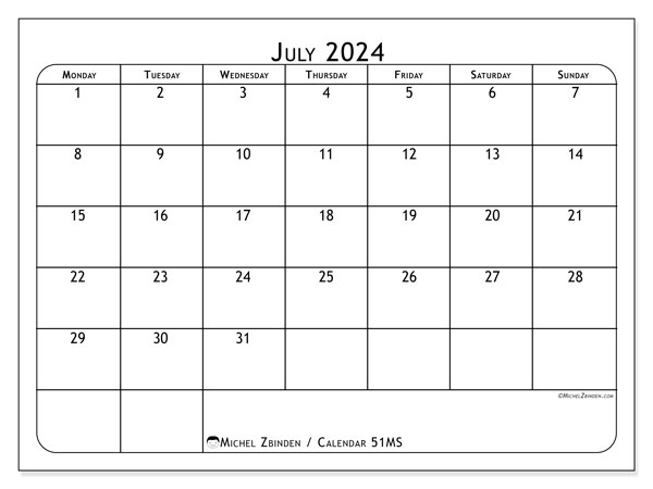 Printable calendar, July 2024, 51MS
