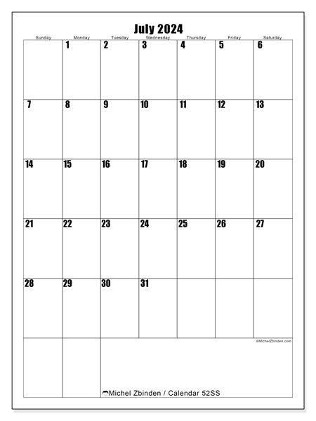 Printable calendar, July 2024, 52SS
