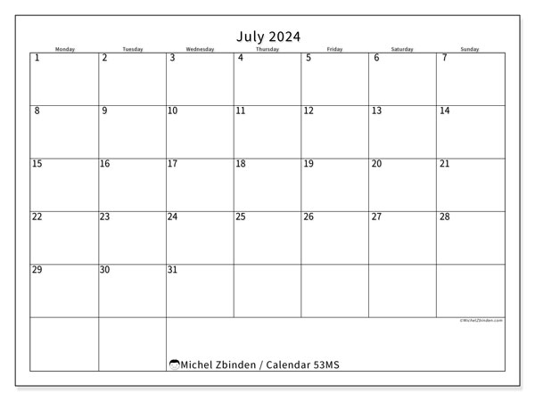 Printable calendar, July 2024, 53MS